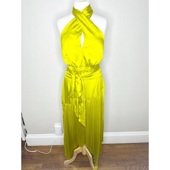 AMUR Dixon Citrine Pleated Criss Cross Halter Satin Dress NEW $598 - Picture 3 of 14